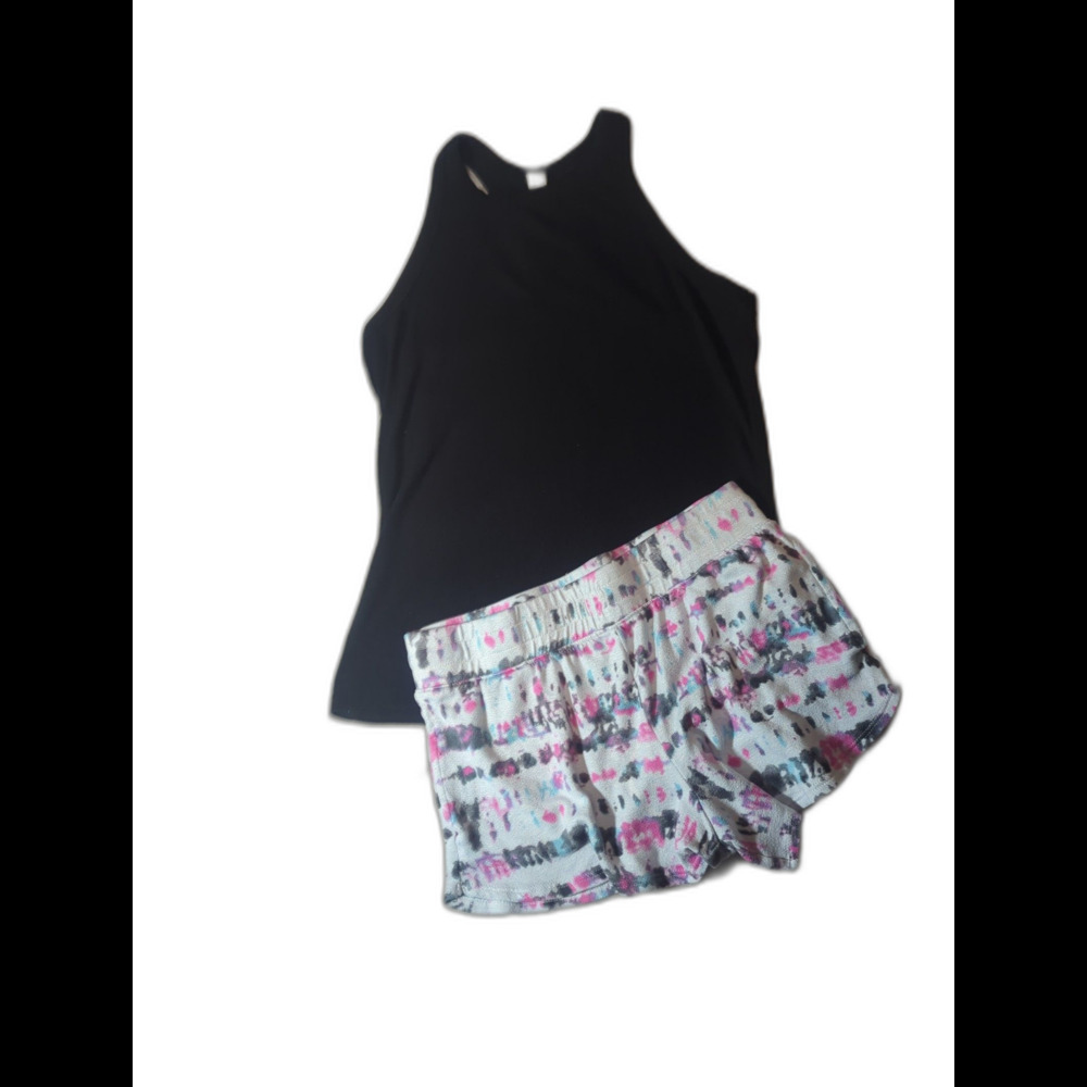 Black Top with Colorful Patterned Shorts Pajama Set